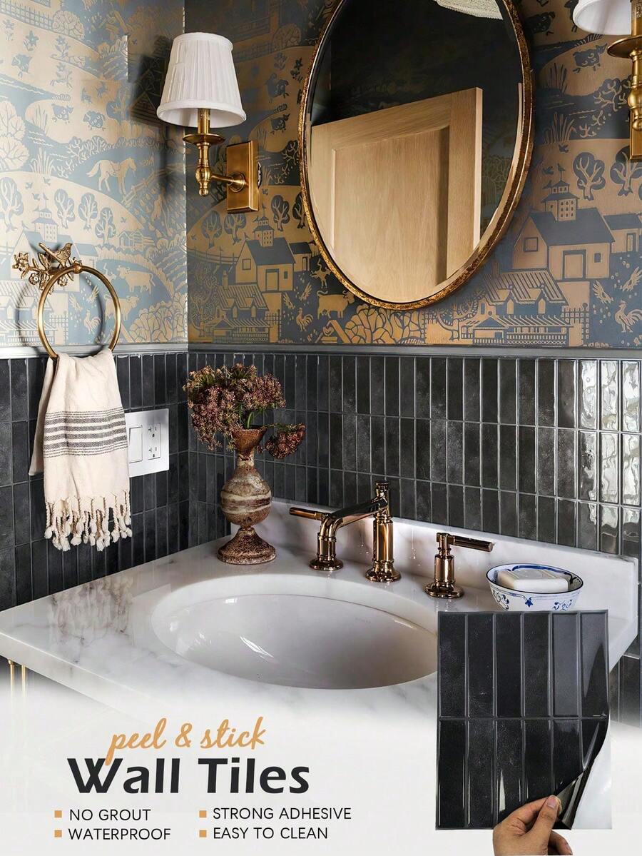 10/30pcs White Brick Pattern Self-Adhesive Tile Stickers, Easy To Peel And Stick Ceramic Tile, Waterproof Wallpaper Suitable For Living Room, Kitchen Backsplash, Bathroom, Zellige Style - Black - View 1