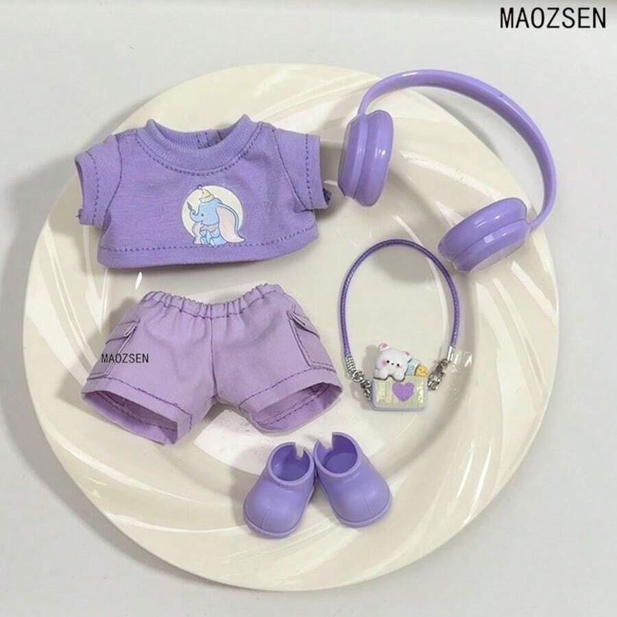 1st/2nd/3rd Generation Doll Clothes, Doll Plush Doll Accessories - Purple T-Shirt And Overalls Set, Sitting Party Outfit - Multicolor - View 1