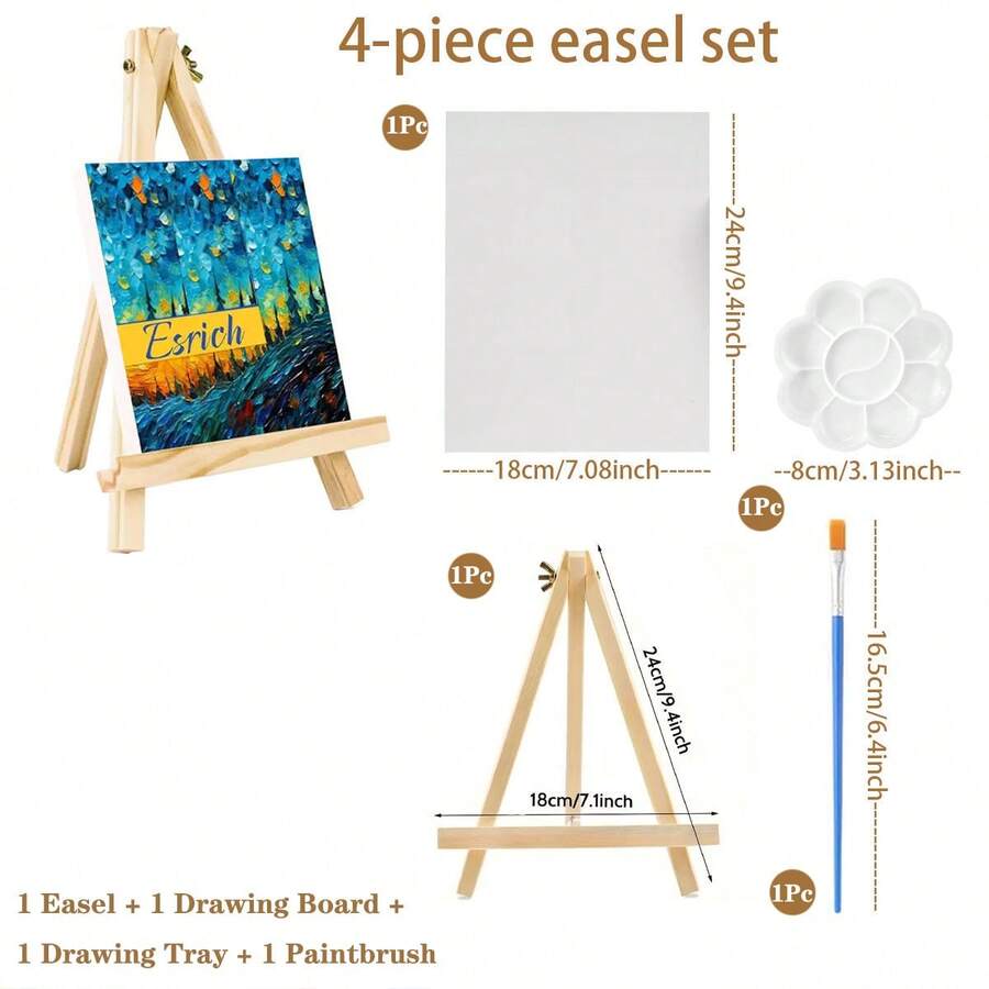 مجموعة 1/4 قطع، 1 حامل لوحة + 1 لوحة رسم + 1 لوحة ألوان + 1 فرشاة رسم مجموعة 4 قطع، حامل لوحة خشبي فني للرسم والحرف اليدوية، حامل ثلاثي القوائم قابل للتعديل، رف عرض مكتبي محمول للأعمال الفنية واللوحات والصور واللافتات، لوازم المكتب والمدرسة