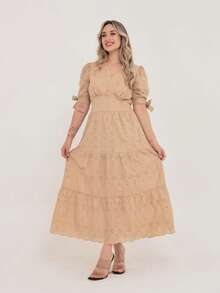 Vestido midi Luxo  lese bordado algodão amarra na manga - Bege - Visão 2
