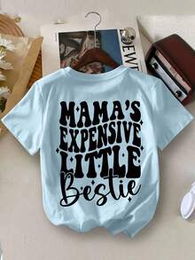 女童微笑标语印花圆领短袖T恤，休闲春夏童装 - 淺藍色 - 查看 1