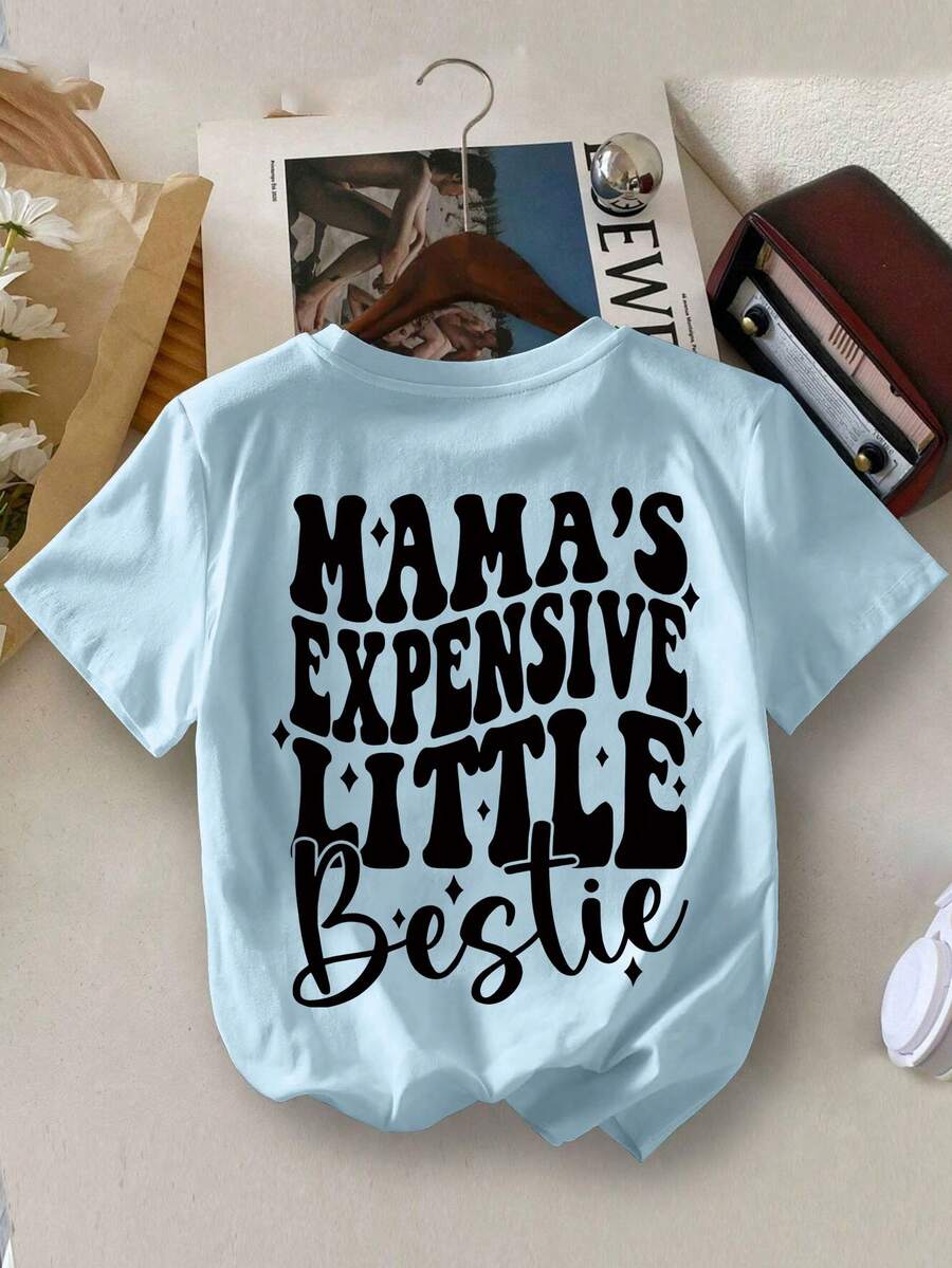 女童微笑标语印花圆领短袖T恤，休闲春夏童装 - 淺藍色 - 查看 1