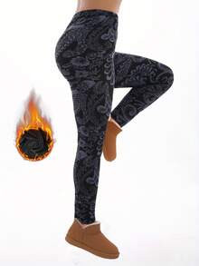 Autumn Winter Thickened Women's Casual Black Thermal Lined Leggings, Soft, Warm Comfortable Stretch Legging, Fitness Sports Training Casual Pants, Home Practice Squats, Hip-Lifting Yoga Pant Outdoor Play, Vacation, Walking, ShoPping, Fashion ONine-Point Pants - Black - View 7