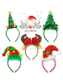 5pcs Classic Christmas Headbands - Holiday Party Accessories With Santa Claus, Reindeer, Christmas Tree Designs - Durable Plastic Structure, Non-Electric, Feather-Free Seasonal Headwear - Multicolor - View 7