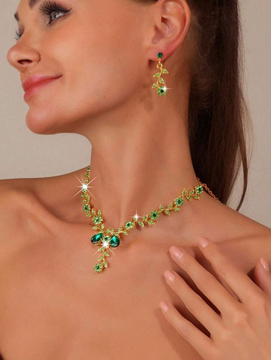 3 件套新娘水晶和莱茵石项链耳环套装，女士派对礼服配饰 - 彩色 - 查看 1