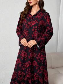 春季女士印花波西米亚风长袖超长连衣裙。2025新年时尚宽松秋季红玫瑰印花连衣裙，收腰设计，适合休闲度假穿着、优雅派对礼服、毕业季海滩装扮、情人节时尚晚礼服。开斋节 - 紅色 - 查看 6