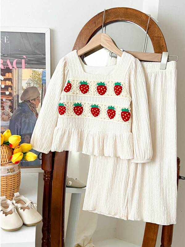Humor Bear 2pcs/Set Girls Casual Strawberry Embroidered Long Sleeve Hoodie And Wide Leg Pants Set, Autumn