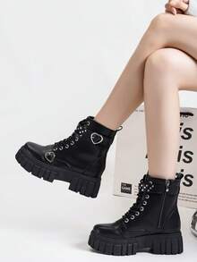 Alan Vincent[Free Returns And Exchanges][Local Delivery][Quick Arrival][Classic Boots Series]New Classic Women's Black Mid-Calf Boots Boots Easy And Comfortable To Wear Women's Platform Boots Suitable For Parties Lace-Up And Zipper Fashionable Style Women's Boots With Love Buttons Rivet Decoration - 黑色 - 查看 6
