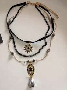 复古皮革棕色宝石太阳吊坠串珠颈链锁骨链项链女士独特 Y2K 个性化垃圾摇滚珠宝 - 彩色 - 查看 14