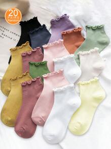 4 Pairs Assorted Plain Sweet Ruffle Trim Ladies Socks, Cute Fashion Simple Personalized Women Ankle Socks Christmas Gift - Multicolor - View 12
