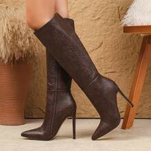 2025 秋冬性感时尚纯色尖头细高跟休闲百搭侧拉链修身咖啡色及膝靴女靴，棕色靴子 - 咖啡棕 - 查看 8