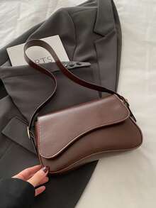 Minimalist Solid Color Shoulder Flap Bag, Classic Textured Crossbody Bag Purse For Women - Coffee - View 1