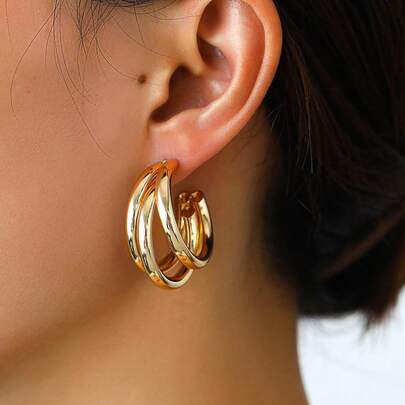Brincos De design Multicamadas Retrô Francês Em Forma De C Para Elegantes Femininos em banhado e ouro 18k e prata 925