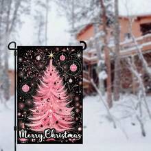 1pc Merry Christmas Pink Garden Flag - Double-Sided, Durable Fabric Outdoor Decor With Festive Tree Design For Porch And Yard