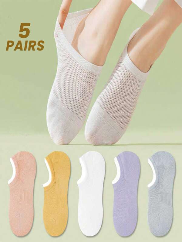 5 Pairs Women's Mesh Flat Boat Socks, Random Colors, Summer Mesh Socks, Non-Slip Invisible Socks, Thin, Breathable, Moisture-Wicking, Solid Color Short Socks