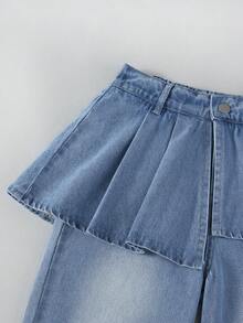 1pc Girls' Fashionable Casual Versatile Pleated Patchwork Denim Skirt Pants - Medium Wash - View 4