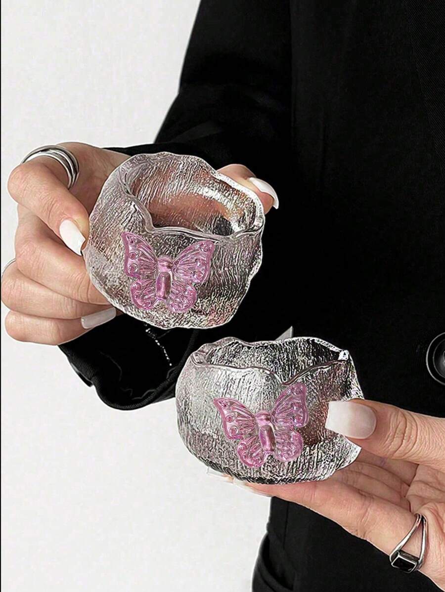 1pc/2pcs Japanese Style Glass Teaware, Wabi-Sabi Gongfu Tea Cups, Pink Butterfly Teacups, Living Room, Dining Room, Home Decor Back To School