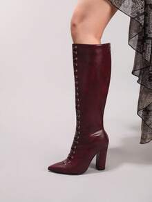 秋冬女士系带酒红色过膝长靴，性感尖头派对/舞会拉链粗跟高筒靴，时尚 - 酒紅色 - 查看 9