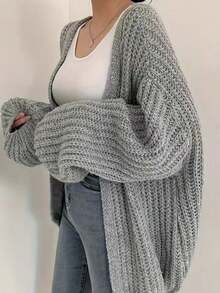 Plus Size Women Elegant Loose Knitted Cardigan Sweater, Casual Everyday Wear, Autumn/Winter - Grey - View 5
