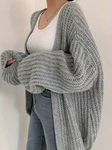 Elegant Casual Loose Fit Plus Size Plain Color Knitted Cardigan, Versatile Young Women Long Sleeve Open Front Sweater