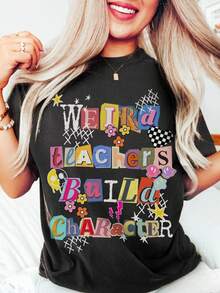Weird Teachers Build Character Shirt, Artsy Collage Punk Aesthetic Checkered Heart Shirt, Funky Gift Idea For Cool Teacher Casual Dressy T Shirts Workout Clothes 100% Cotton, Breathable And Comfortable - màu đen - Xem 1