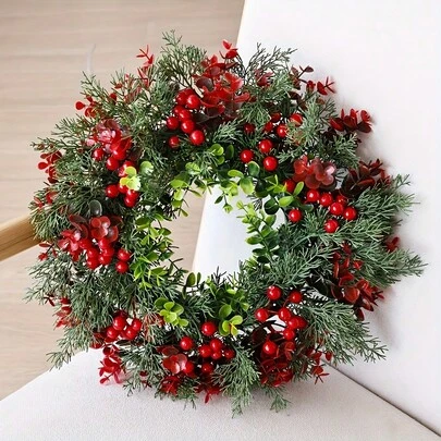 Corona de Navidad de 40 cm con bayas rojas, corona de eucalipto artificial, adecuada para decoración interior y exterior, corona para puerta principal, decoración de pared del hogar