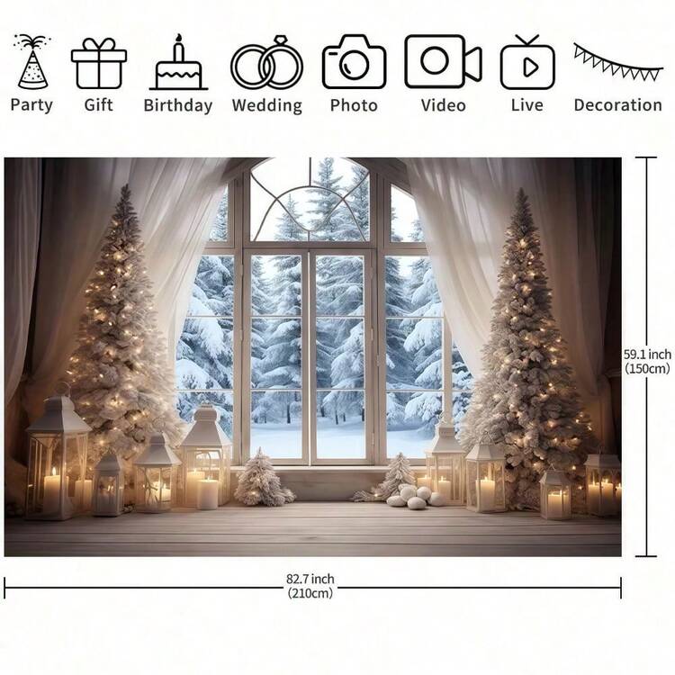 冬季圣诞场景背景，配有白色窗帘、松树和吊灯，非常适合婚礼、圣诞派对装饰、生日庆祝、肖像摄影、室内外多功能用途和圣诞装饰。 - 彩色 - 查看 5