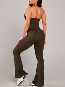 1pc Women's Seamless Ribbed Racerback Jumpsuit, Yoga Fitness Running Workout Jumpsuit