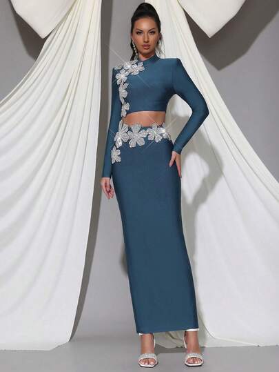 New Luxury Women's Outfit: Embellished Floral Crop Top + Maxi Skirt 2-Piece Set, Elegant Women's Round Neck Long Sleeve Cropped Bandage Cover Up + Luxurious Rhinestone Floral Design Maxi Skirt 2-Piece Formal Party Dress