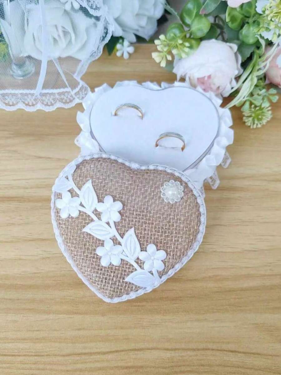 1 件麻心形戒指盒（不含戒指）、结婚戒指盒、母亲节/情人节礼物、结婚戒指收纳、婚礼装饰 - 黃色 - 查看 1