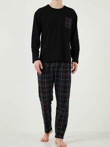 2pcs Men's Striped Print Crew Neck Long Sleeve Top And Pants Pajama Set, Casual And Comfortable Loungewear, Spring/Autumn - Black - View 5