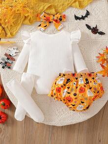 Neugeborene Baby Mädchen Herbst/Winter Set mit rundem Ausschnitt, gestreiften Trompetenärmeln und bedrucktem weißen Romper, orangefarbener Kürbis- und Fledermaus-Muster Rüschen-Shorts mit Schleife, weiße Stulpen und Stirnband, 4-teilig