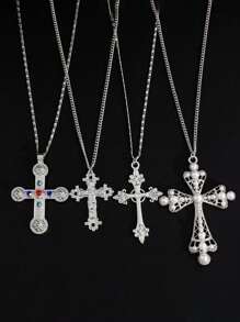 4pcs Fashionable & Unique Cross Pendant Necklace, Layered Pearl Long Chain Choker Necklace, Suitable For Father's Day & Mother's Day - 4-piece Set Style 2 - View 4