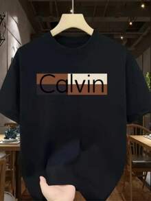 Men's Round Neck T-Shirt With Colvin Print, Men's Fashion With Colvin Print, Casual Short Sleeve T-Shirt, Men's Blouse Promotion, Comfort For All Seasons - 黑色 - 查看 1
