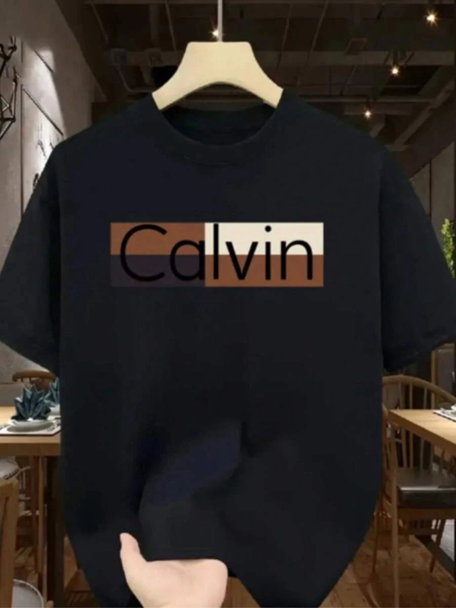 Men's Round Neck T-Shirt With Colvin Print, Men's Fashion With Colvin Print, Casual Short Sleeve T-Shirt, Men's Blouse Promotion, Comfort For All Seasons - 黑色 - 查看 1