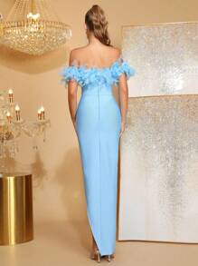 奢华重工仿羽毛性感露肩露背珍珠绷带开叉长裙带眼睛女士婚礼派对正式宴会婚礼宾客毕业舞会礼服 - 藍色 - 查看 6