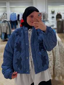 Women's Blue Quilted Stand Collar Padded Jacket Long Sleeve Pocket Casual Fall Winter Coat