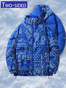 Áo khoác nam, áo gió cổ đứng có thể đảo ngược, áo khoác đệm dày in hoa hạt điều giản dị cho mùa thu/đông - Màu xanh lam - Xem 2