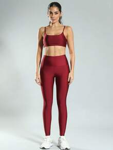 FITNATION Fitness Leggings In Trilobal Fabric With Shine And High Elasticity And Support - Burgundy - View 5