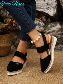 Foot Flair 女式加大码尖头拼色露背帆布凉鞋，黑色波西米亚海滩度假风格，全新轻质厚底坡跟凉鞋 - 黑色 - 查看 6