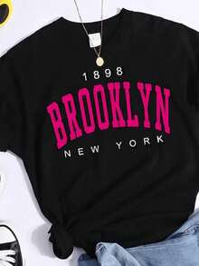 Playera camiseta curvy basica estampada grafica dama mujer manga corta cuello redondo estampado brooklyn new york nueva york ny ciudades americanas estados unidos eua letras varsity urbanas college colegial regreso a clases back to school gym gimnasio ejercicio aesthetic regular casual comoda fresca ligera suave moderna juvenil romantica bohemia salida casa diario dia playa calor primavera verano oficina versatil creativa - Negro - Ver 3