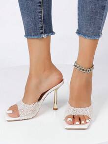 Damen Weiße Quadratische Zehenschlüpfer Stiletto Absatz Sandalen, Elegant für Hochzeit, Party, Sophisticated und Modisch Hoher Absatz Kleid Sandalen - Weiss - Übersicht 3