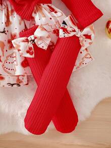 3Pcs/Set Newborn Baby Girls' Cute Red Ribbed Patchwork Gingerbread Man & Christmas Tree Santa Claus Print Bodysuit & Bow Headband, Suitable For Christmas - Red - View 5