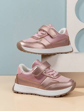 1 Pair Girls' Children Sports Shoes, Rose Gold Snakeskin Patchwork Retro Style, Lightweight Non-Slip Sole, Suitable For Spring, Summer, Autumn And Winter