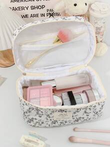 1Pc/Set White Base With Black Floral Pattern Quilted Makeup Bag Bohemia Retro Print Pattern Cosmetic Bag Fashionable Portable Makeup Organizer, Multi-Functional Storage Bag For Lipstick, Sanitary Napkin, Coins, Makeup Brushes,Etc Soft Fabric Floral Print Zipper Pouch Travel Essentials For Beach Vacation Holiday School Supplies Dorm Essentials Back To Schoolbag For School Travel Bag For Women - Multicolor - View 6