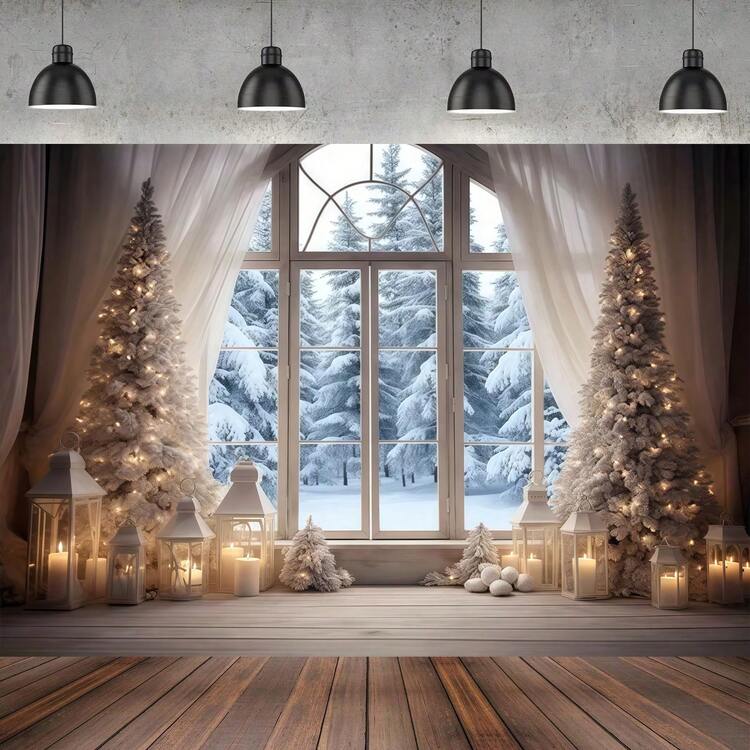 冬季圣诞场景背景，配有白色窗帘、松树和吊灯，非常适合婚礼、圣诞派对装饰、生日庆祝、肖像摄影、室内外多功能用途和圣诞装饰。 - 彩色 - 查看 3