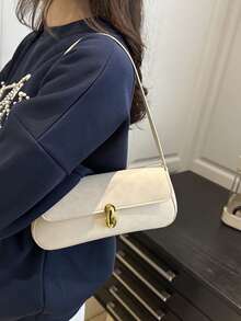 女士复古仿皮翻盖装饰腋下单肩包，适合约会、外出、聚会等场合 - 白色 - 查看 4