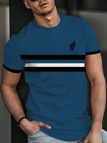Men's Elegant Striped Print Short Sleeve Round Neck T-Shirt, Casual & Fashionable, 100% Polyester, Regular Fit T-Shirt, Stretchy & Breathable Fabric, Suitable For Summer Wear - Multicolor - View 2