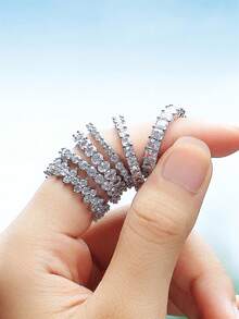 1枚极简主义立方氧化锆戒指，女士款，情人节礼物，结婚纪念日派对首饰 - 銀色 - 查看 7