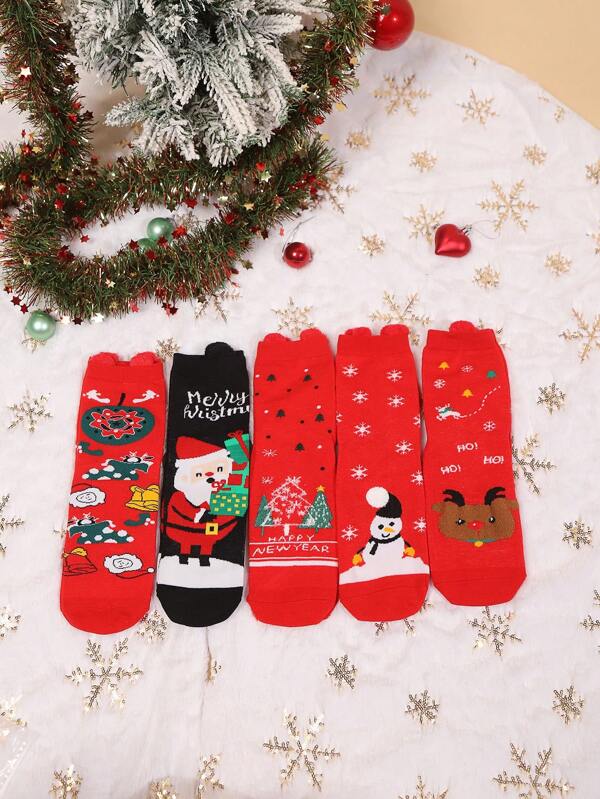 5 pares de calcetines navideños con estampado de dibujos animados para mujer, calcetines con diseño de corazón, regalo de fiesta navideña, cómodos y lindos calcetines navideños hasta la pantorrilla para mujer, medias y pantimedia, otoño/invierno